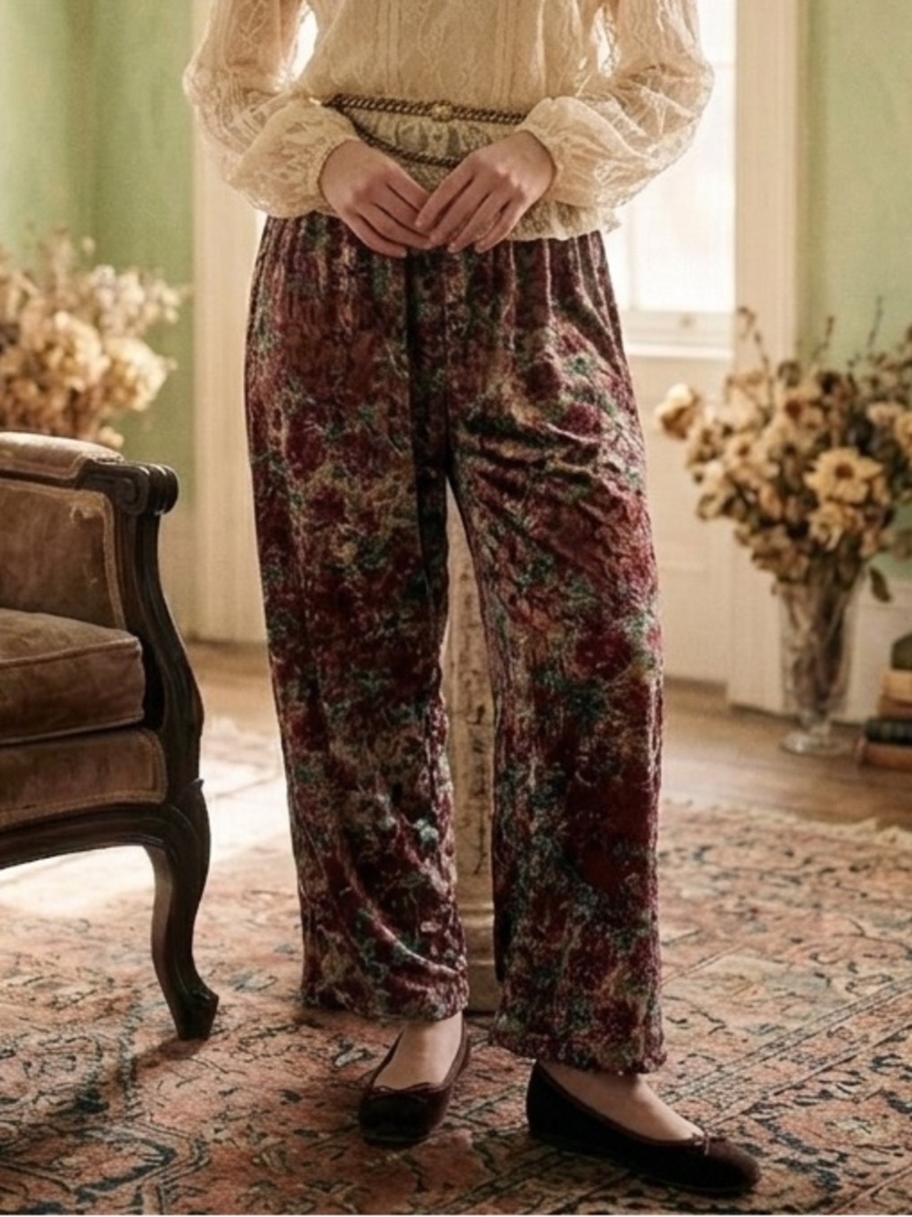 April Cornell Brown Floral Crushed Velvet Pull-On Pants - Size XXL